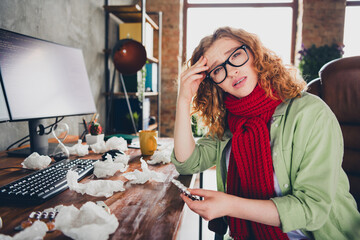 Photo of sad uncertain lady specialist dressed shirt eyewear feeling head ache taking medicine...