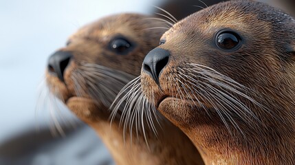 Two playful sea otters curiously gazing into the distance with their adorable faces and whiskered snouts.