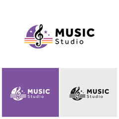 Black-and-white logo featuring a treble clef symbol integrated into a circular design with a crescent moon and stars. Ideal for music studios.