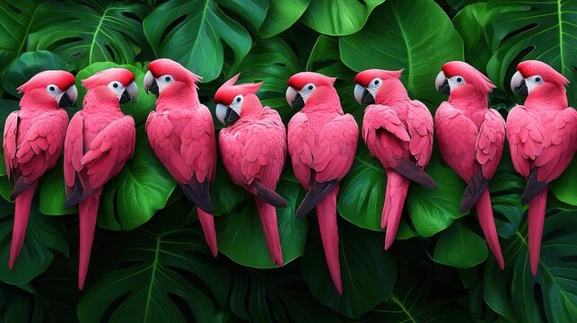 A vibrant group of pink parrots perched on lush green leaves, creating a tropical and lively scene.