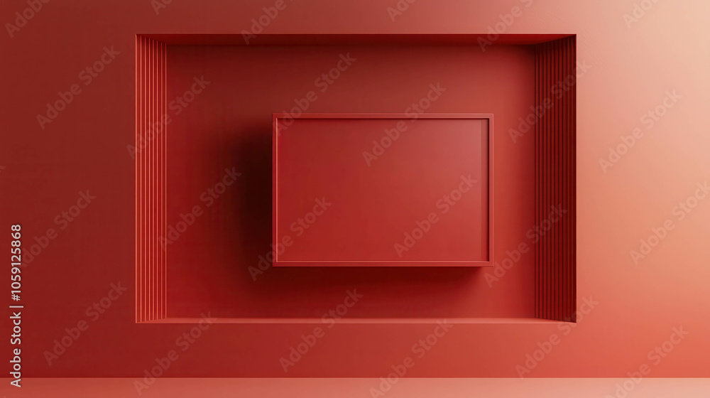 Poster crimson cube canvas: a minimalist composition featuring a recessed square frame within a larger squa