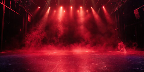 Red stage lights illuminating smoke on empty stage floor
