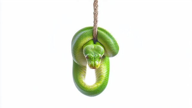 A vibrant green tree python hanging gracefully from a rope against a pale background.