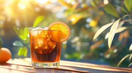 Refreshing Iced Tea with Orange Slice on Sunny Day