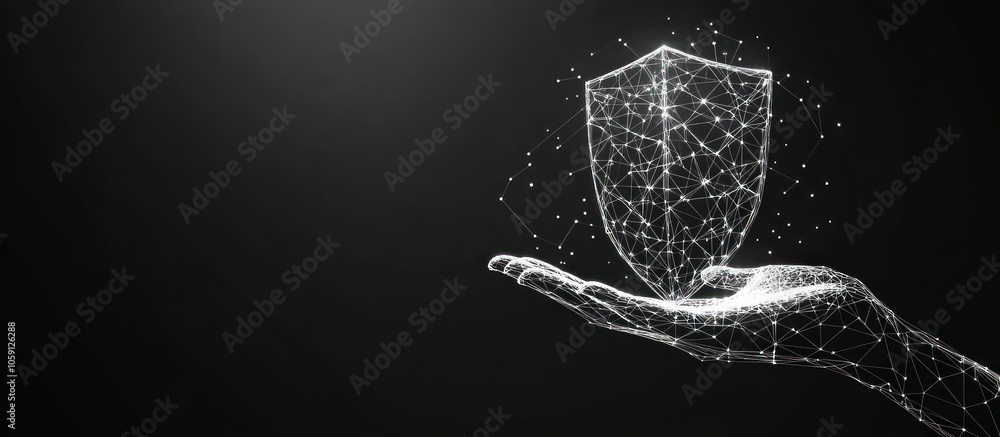 Poster shield in the hand palm low poly wireframe. vector polygonal image in the form of a starry sky or sp