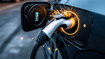 Close-up of electric vehicle charging port emitting sparks, with charger plugged in, highlighting potential electrical malfunction, captured in ambient lighting.