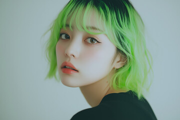 蛍光グリーンの髪色の女性, ヘアカラー, メイク