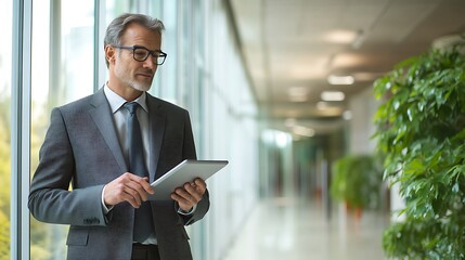 Businessman Using Tablet in Modern Office Plain Textured Background for Web Design and Copy