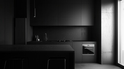 Modern minimalist kitchen in a sleek black design, featuring dark cabinetry and stainless steel appliances.