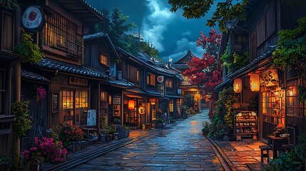 Fototapeta premium A serene night scene of a traditional street lined with wooden buildings, lanterns, and vibrant foliage.