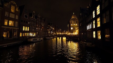 Obraz premium A serene nighttime view of a canal lined with illuminated historic buildings reflecting on the water.