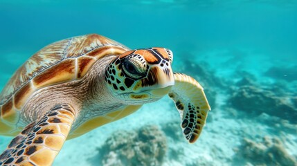 Fototapeta premium Turtle Swimming in Clear Ocean Water