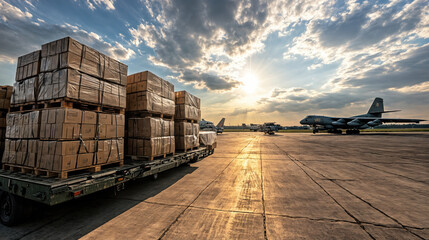Military cargo plane being loaded with humanitarian aid boxes at sunset