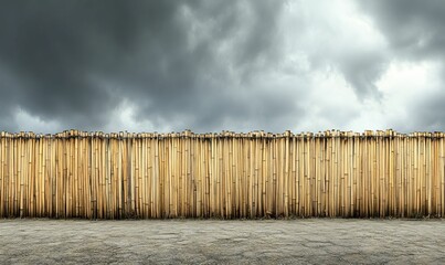 Bamboo fence under cloudy sky.