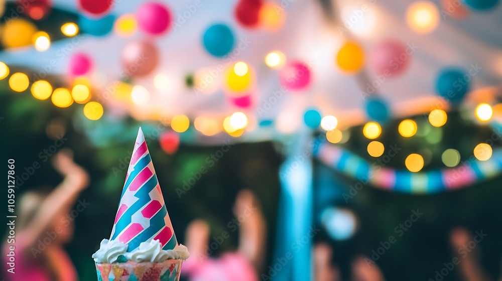 Poster party decoration with lights and hat subtle blur background with space for custom text