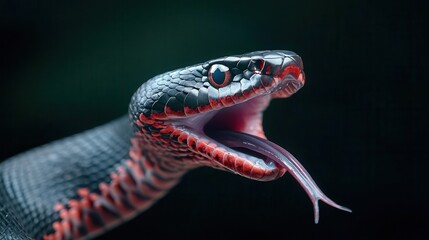 Fototapeta premium A striking close-up of a black and red snake with its tongue flicking, showcasing its vibrant coloration and detailed scales.