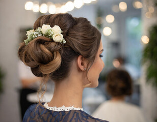 Fototapeta premium Fryzura ślubna z kwiatami upięcie kok