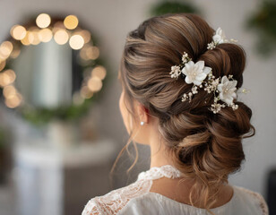 Fototapeta premium Fryzura ślubna z kwiatami upięcie ślubne