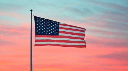 Obraz premium USA Flag with Stars and Stripes Against a Colorful Sky