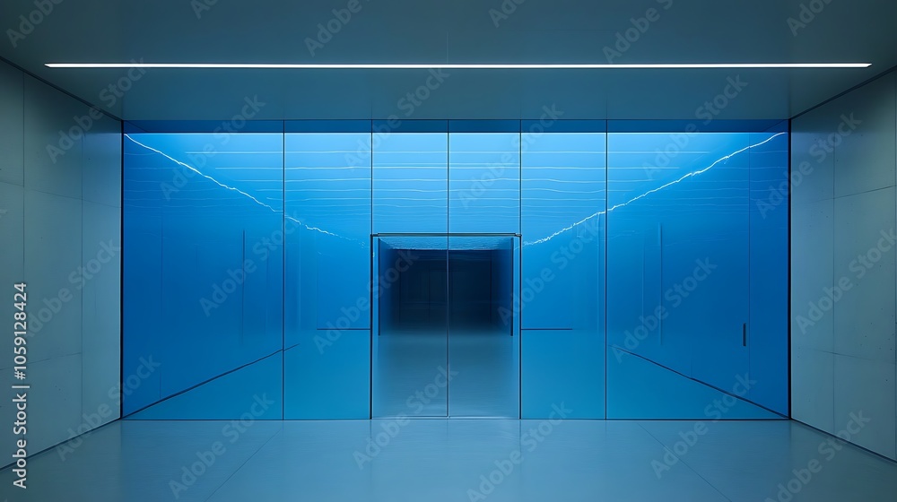 Poster blue glass doorway in modern building subtle blur background with space for custom text