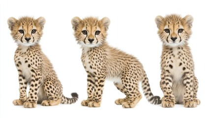 Three playful cheetah cubs sit together, showcasing their adorable spots and curious expressions against a clean, white background.