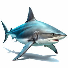 Fototapeta premium A solitary bull shark patrolling the depths of an expansive ocean, its sleek silhouette contrasting against the soft hues of an ethereal, blurred seascape, offering ample copy space