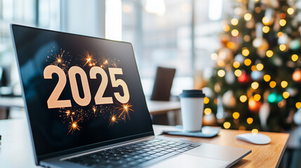 New Year 2025 Numbers on Office Laptop Screen, Business Party Setting, Reflecting Work Challenges and Future Goals and Success Planning.
