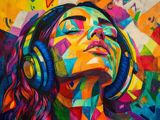 Fototapeta premium An intriguing portrait of the female embodiment of music in vibrant chakra colors. 