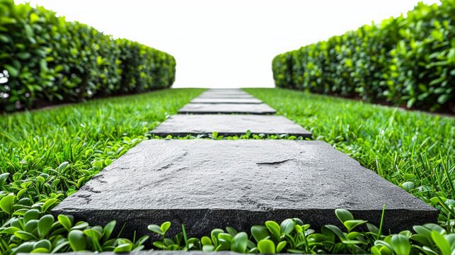Stone path leading to a white sky, flanked by green hedges and grass. AI generative. .