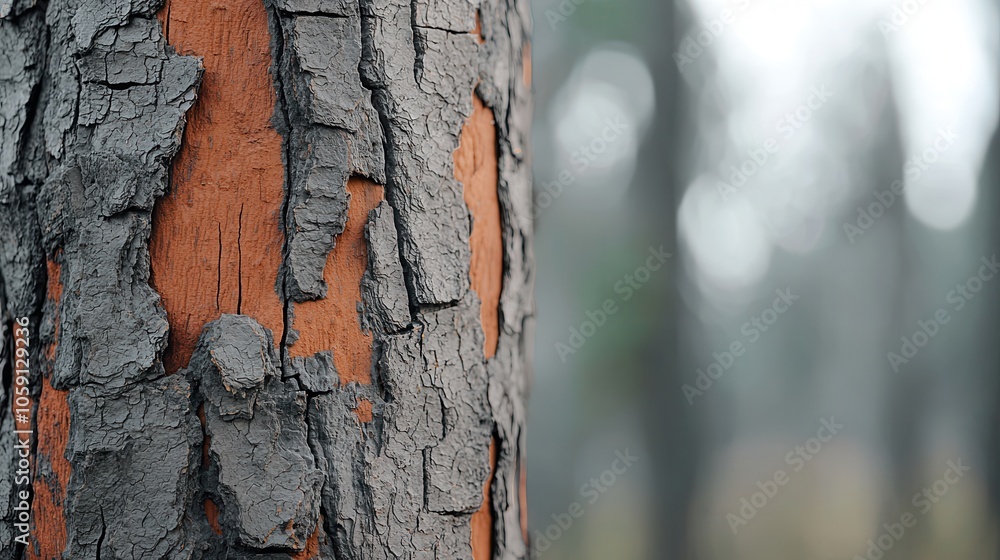 Poster close-up of a textured tree trunk with a distinctive orange and gray bark, set in a misty forest atm