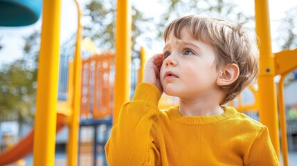 Child at playground, holding ear, pained look, outdoor, ear pain symptoms in young children