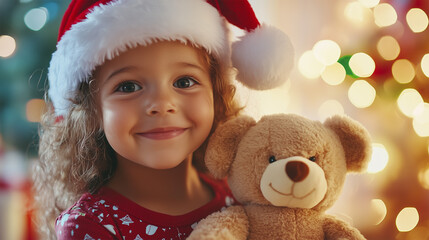 Cute Girl in Santa Hat and Pyjamas Cuddling Teddy Bear, Christmas Morning with Gifts.