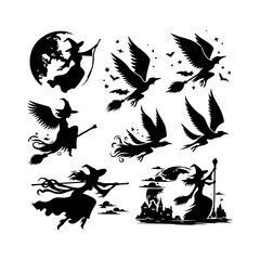 Flying Witch Icon Vector,  Halloween Witch Silhouette illustration