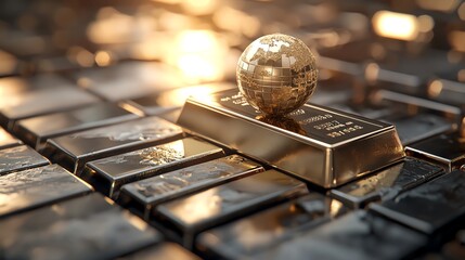 Abstract layout with multiple gold bars and faint globe overlay, international investment theme