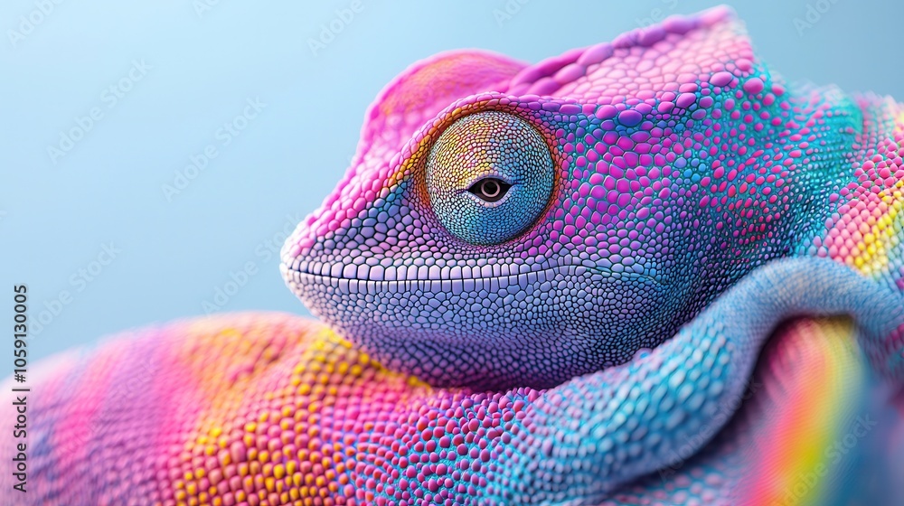 Poster a vibrant chameleon displaying a stunning array of colors, highlighting its intricate textures and f