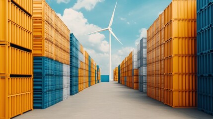 Fototapeta premium Wind Turbine Surrounded by Colorful Shipping Containers