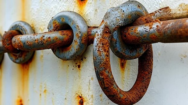 Rusty Metal Chain Links and Weathered Paint Captured in Close-Up Detail on a Desolate Industrial Structure