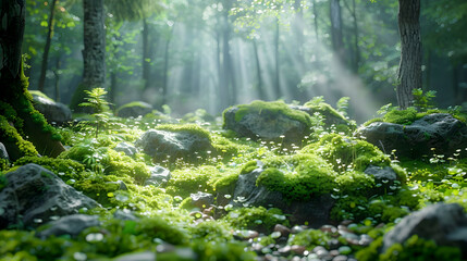 Fototapeta premium Vibrant Forest Scene with Sunlight and Mossy Rocks