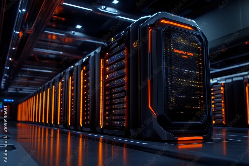 Poster 3D-rendered illustration of a large server room with glowing, organized data racks, capturing the structured and scalable nature of data warehousing, symbolizing organization and capacity