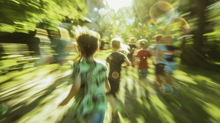 Defocused children running around playing with their cousins they only see once a year.