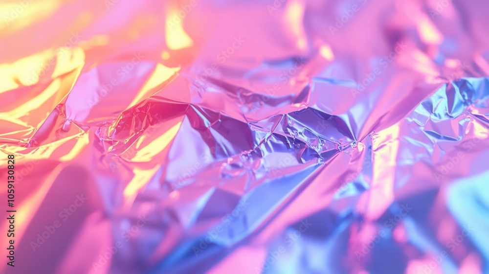 Poster a vibrant abstract close-up of crumpled foil showcasing iridescent pink and purple hues, creating a 