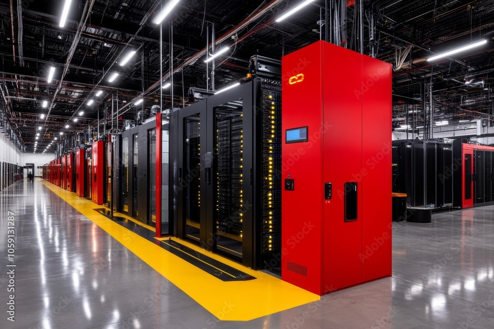 Aufkleber Brightly lit server room with endless rows of organized data racks, capturing the expansive storage and high-tech atmosphere of data warehousing, symbolizing scale and security