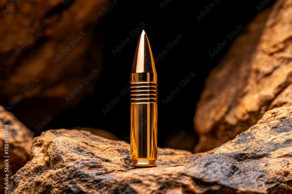 Poster Bullet with reflective lighting showing small, intricate scratches from use, set against a soft background capturing its rugged history, symbolizing resilience and craftsmanship