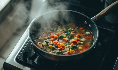 Steaming pot of vegetable soup on stove.