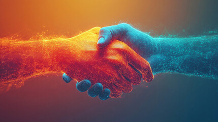 digital handshake symbolizes trust, collaboration, and partnership in the digital era. Isolated with a dark background, this image captures futuristic cooperation and secure online connectivity