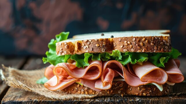 Fresh sandwich with ham and lettuce on wooden surface, dark backdrop, available area.