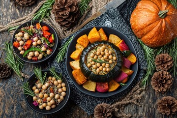 An eco-friendly holiday feast with a colorful stuffed acorn squash, roasted root vegetables, and a chickpea and quinoa salad