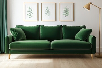 Fototapeta premium Minimalist living room with emerald sofa, botanical posters, and teal curtains