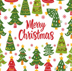 Cute Christmas tree pattern with text "Merry Christmas", cartoon style