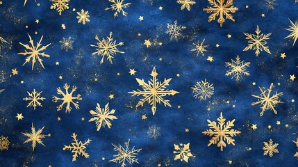 A festive blue background adorned with golden snowflakes and stars, perfect for winter-themed designs.